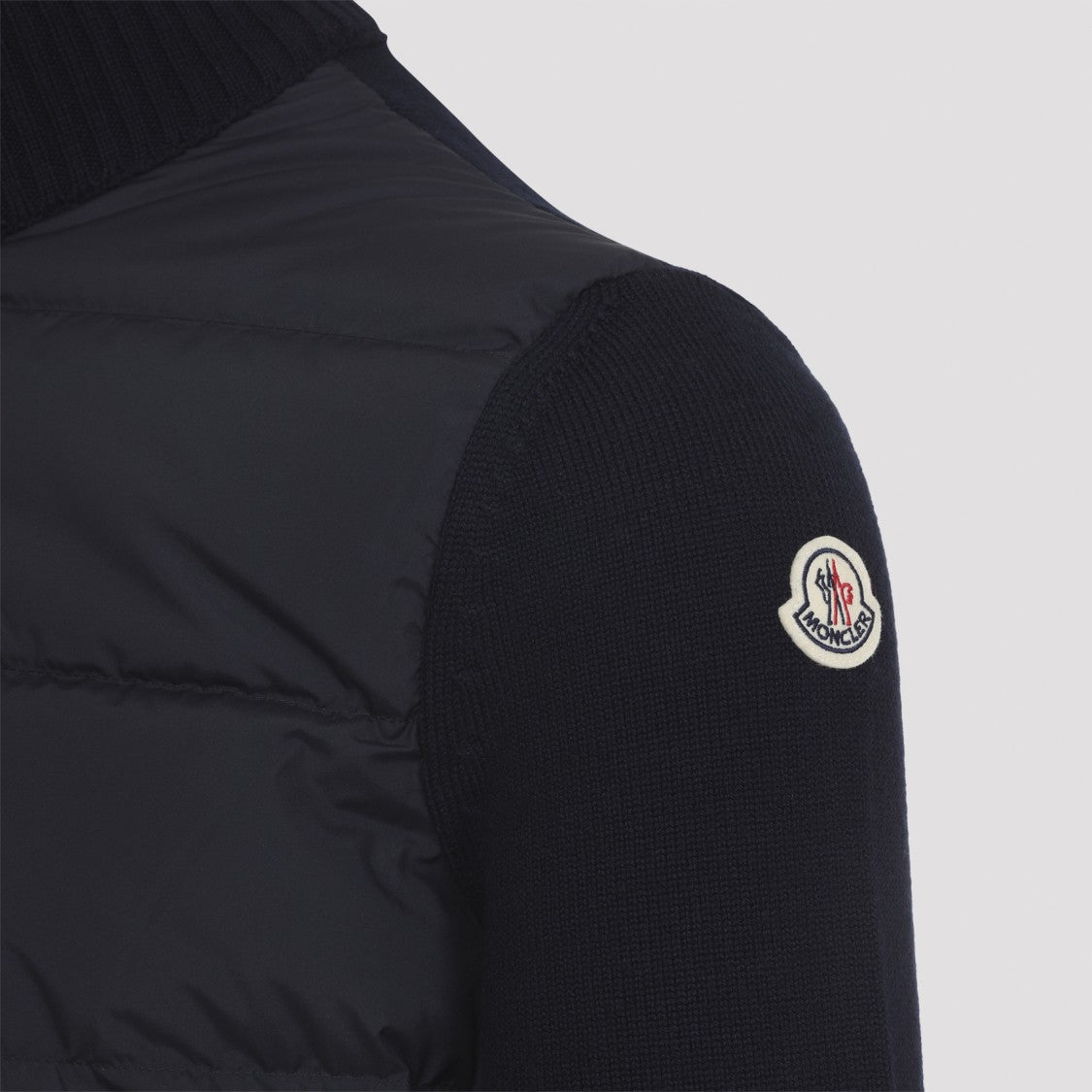 Moncler Navy Blue Virgin Wool Cardigan With Ribbed Collar