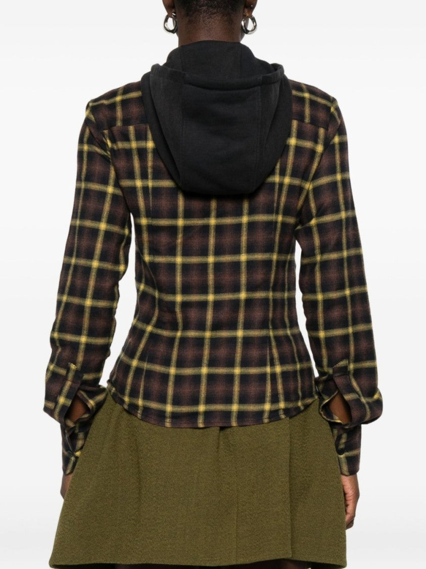 Coperni Plaid Brown Shirt With Hood And Button-Down Detail