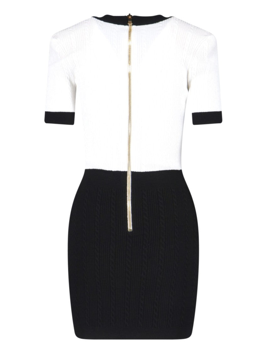 Balmain Fitted Black Dress With Ribbed Texture And Gold Accents