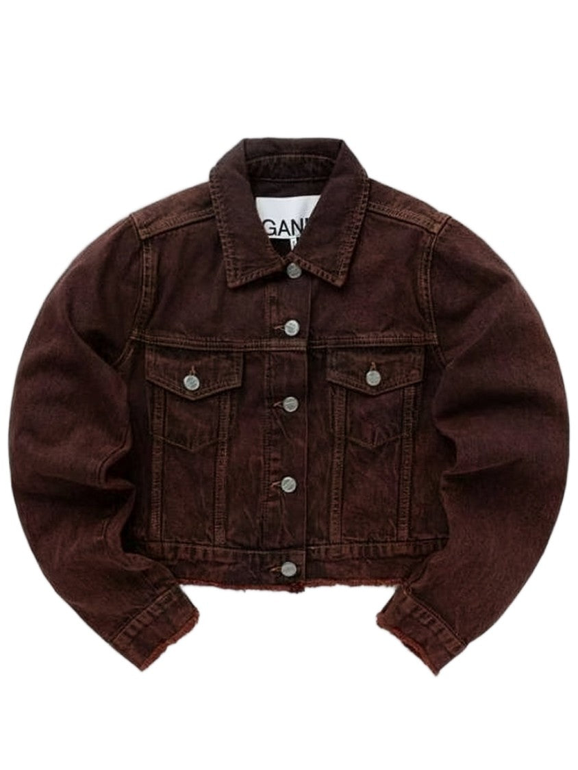 Ganni Cropped Denim Jacket With Classic Collar And Vintage Wash