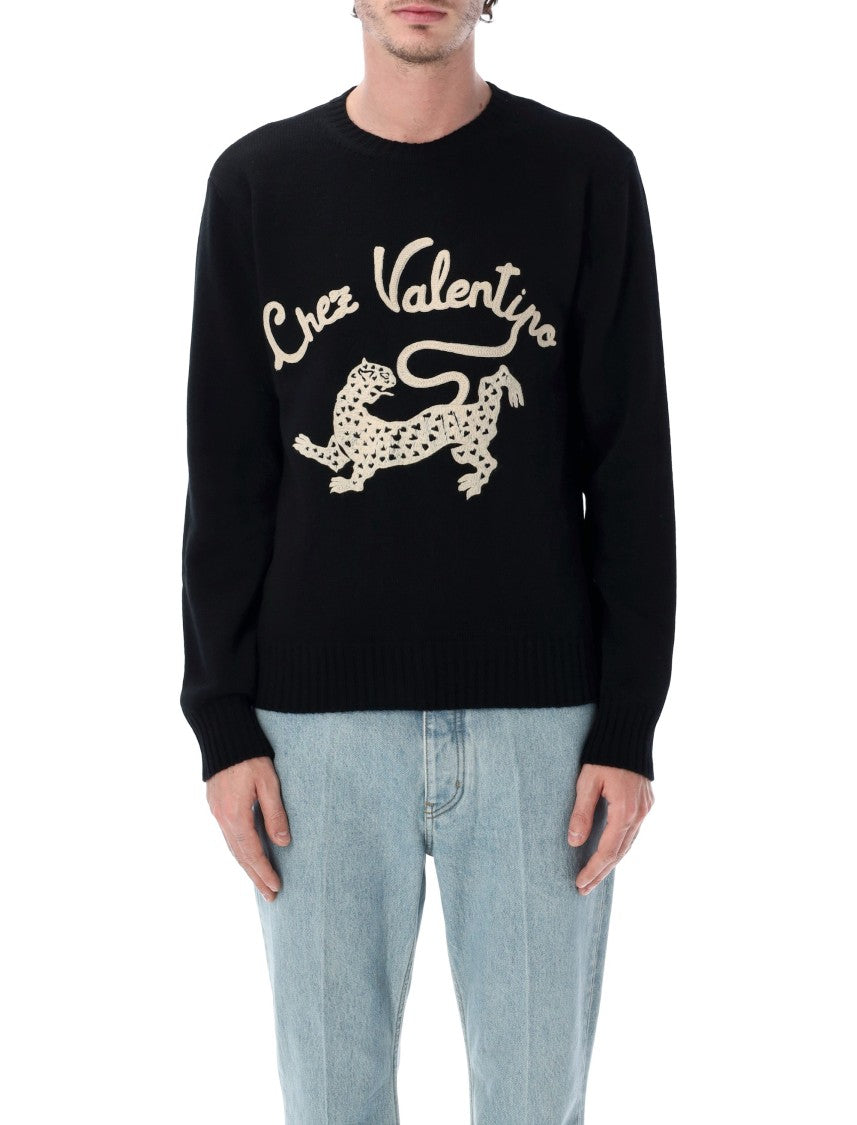 Valentino Garavani Embroidered Black Wool Jumper With Crew Neck