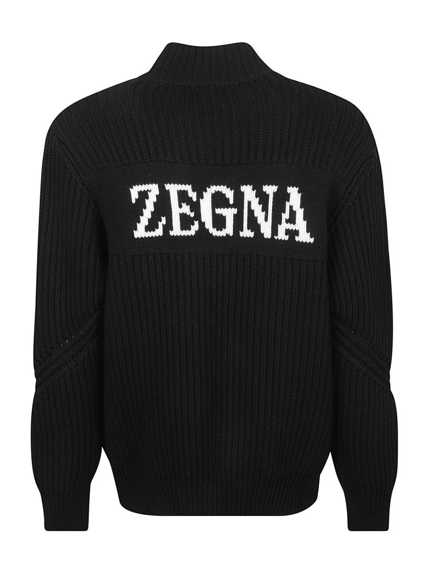 Zegna High Collar Zip Closure Black Sweater