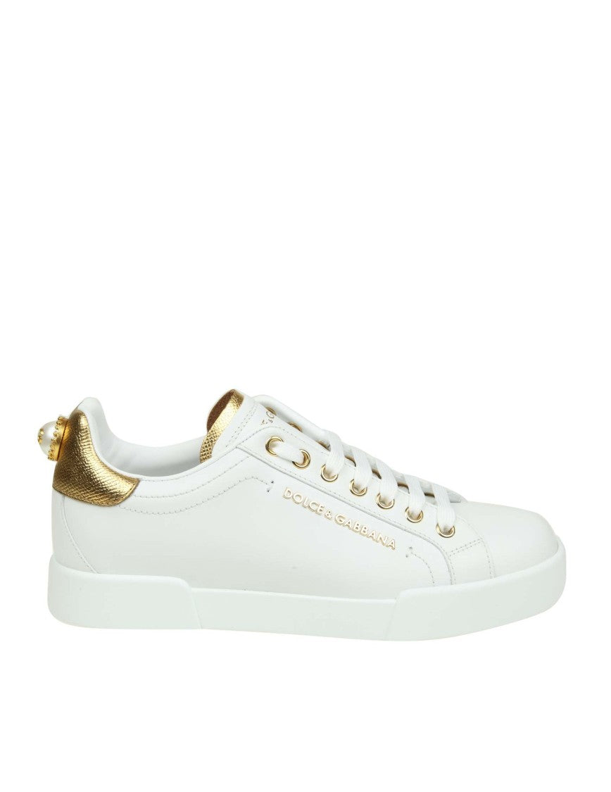 Dolce & Gabbana Portofino Sneakers In White Leather With Logoed Pearl