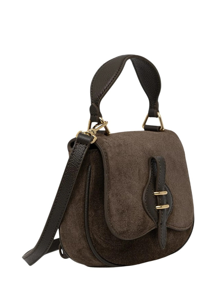 Coccinelle Brown Suede-Panelled Leather Shoulder Bag With Gold-Tone Hardware