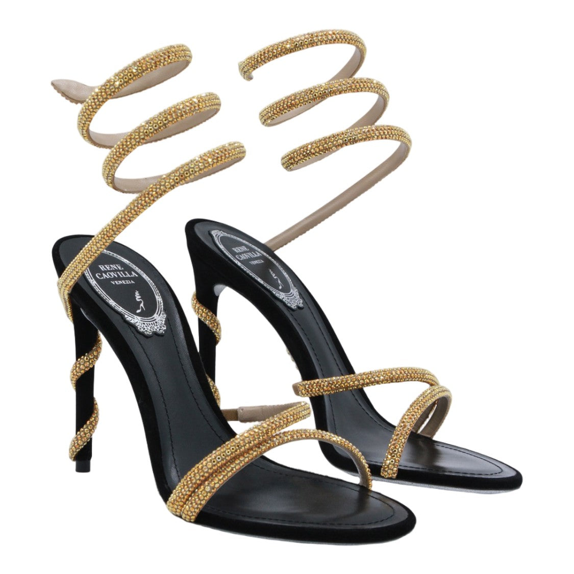 René Caovilla Golden Rhinestone Spiral Strap Sandals