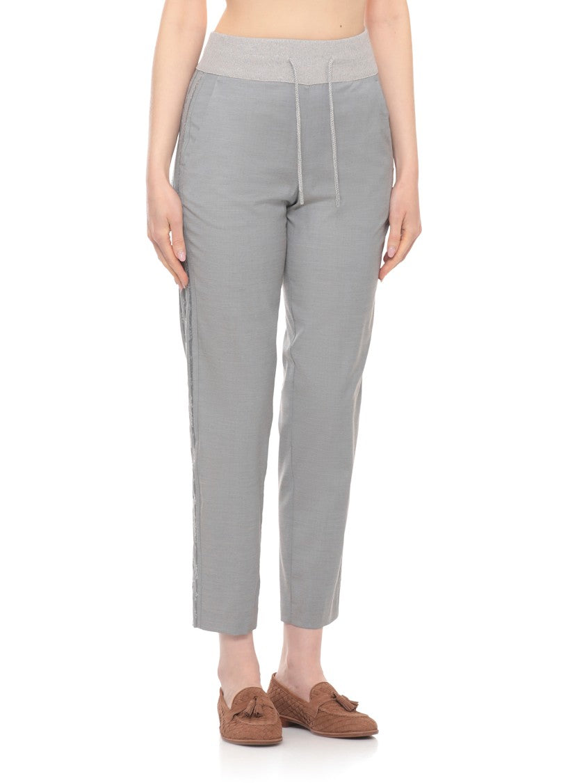 Panicale Grey Wool-Blend Embellished Straight-Leg Pants