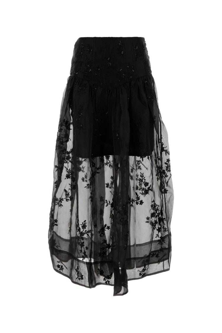 Ganni Black Organza Skirt With Floral Embroidery