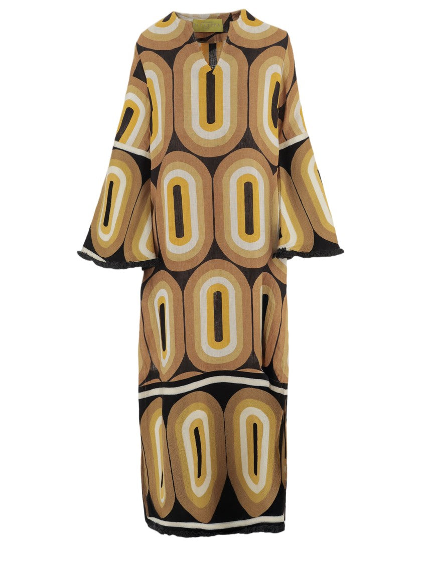 Philippa 1970 Linen Midi Dress With Geometric Print And Flared Sleeves