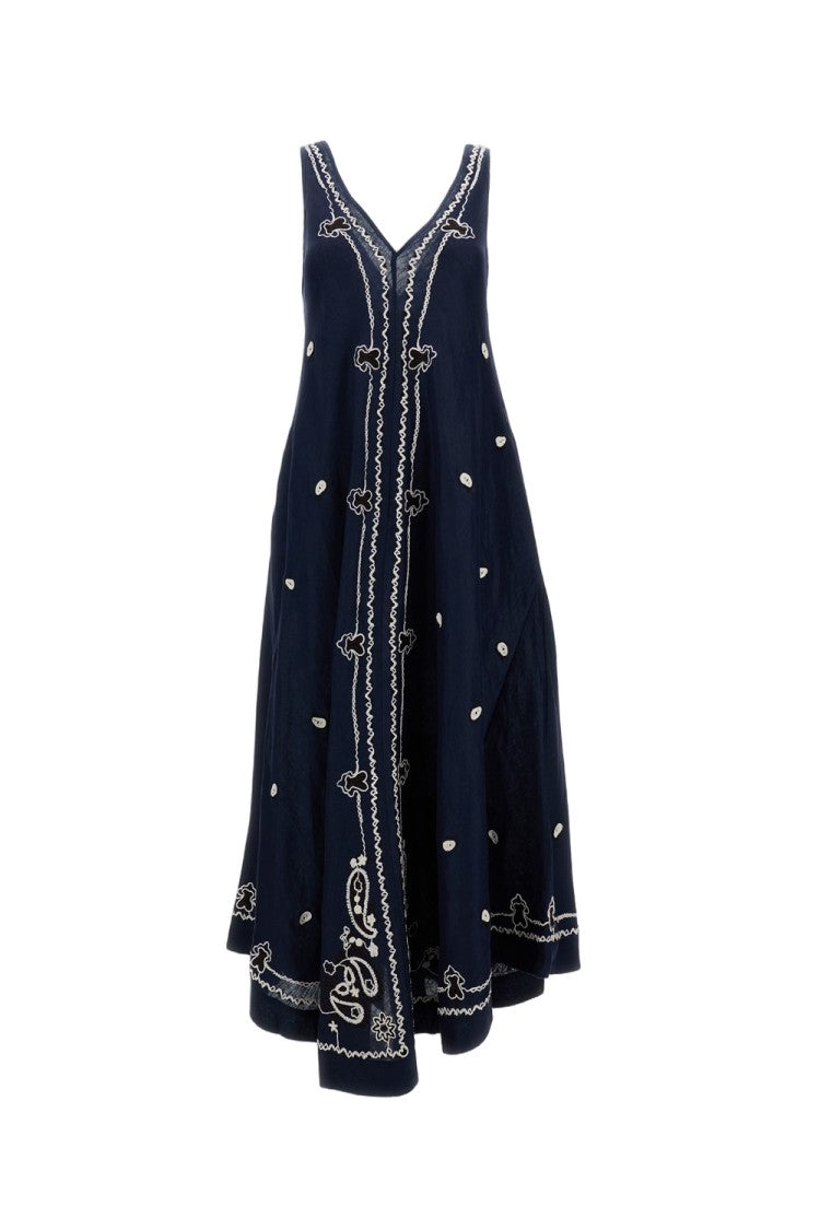 Parosh Intricately Embroidered A-Line Linen Dress