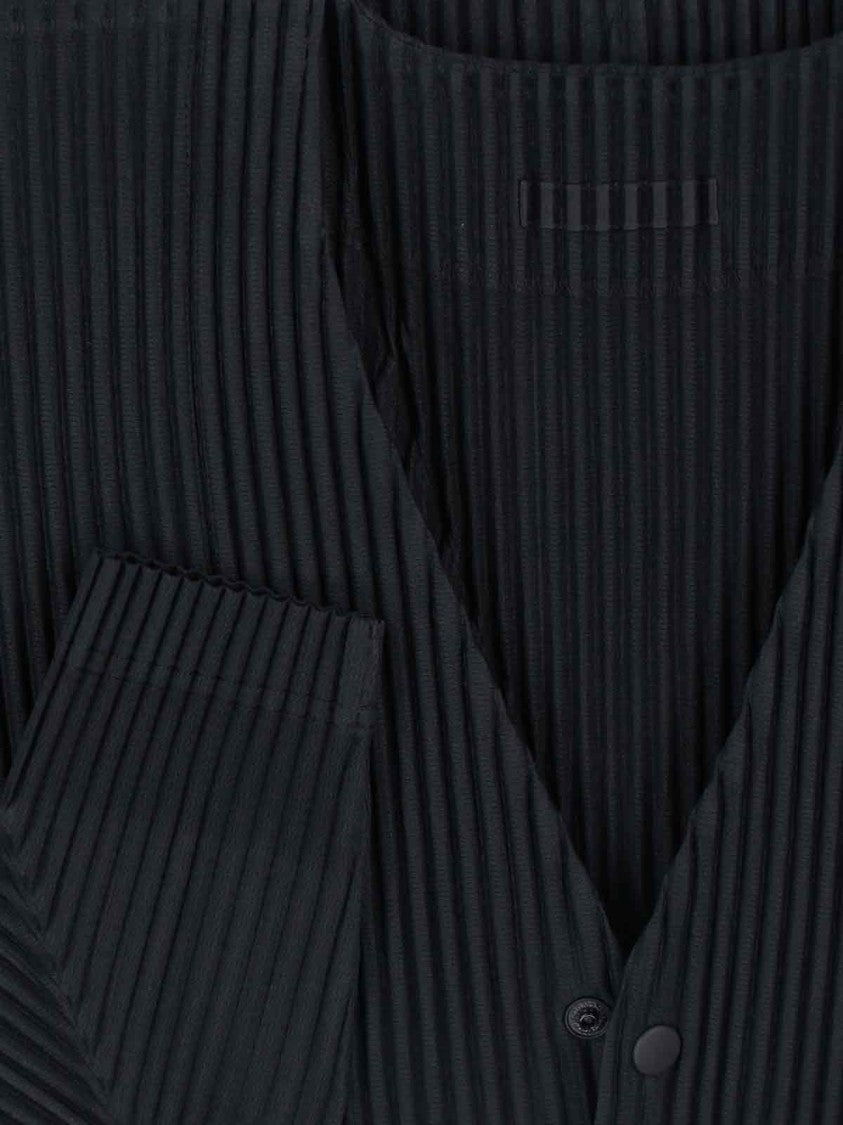 Homme Plissé Issey Miyake Pleated Black Cardigan With V-Neckline