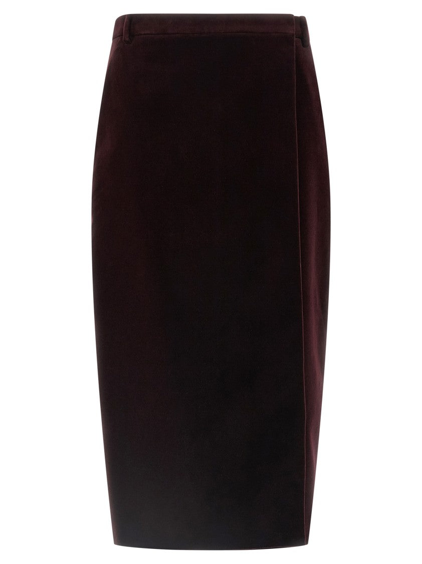 Saint Laurent Burgundy Cotton Velvet Midi Skirt With Silk Lining