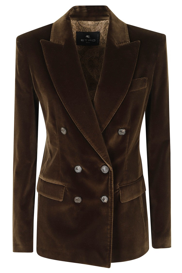 Etro Brown Double-Breasted Velvet Effect Cotton Blazer