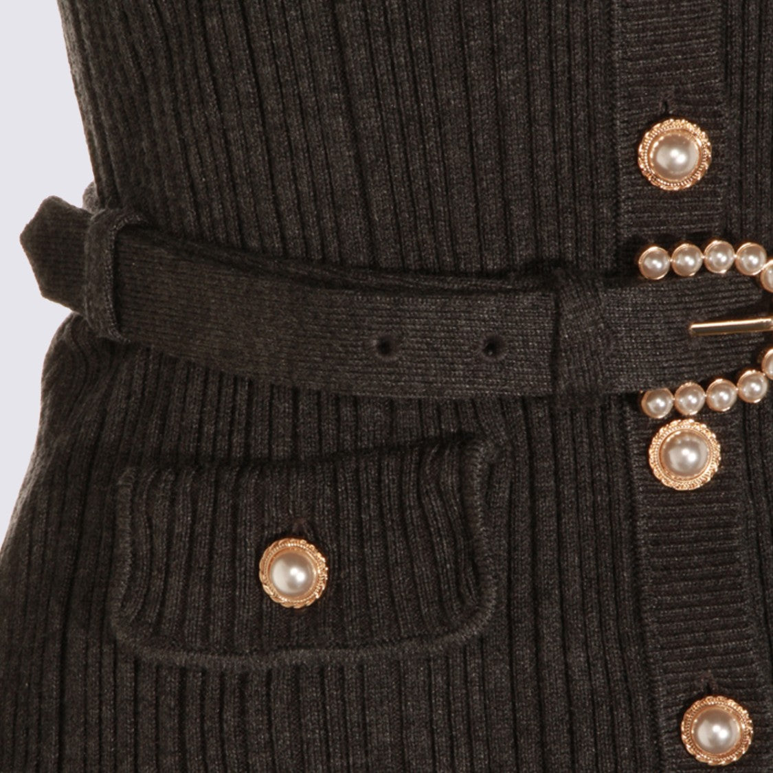 Self-Portrait Fitted Ribbed Knit Midi Dress With Pearl Embellishments