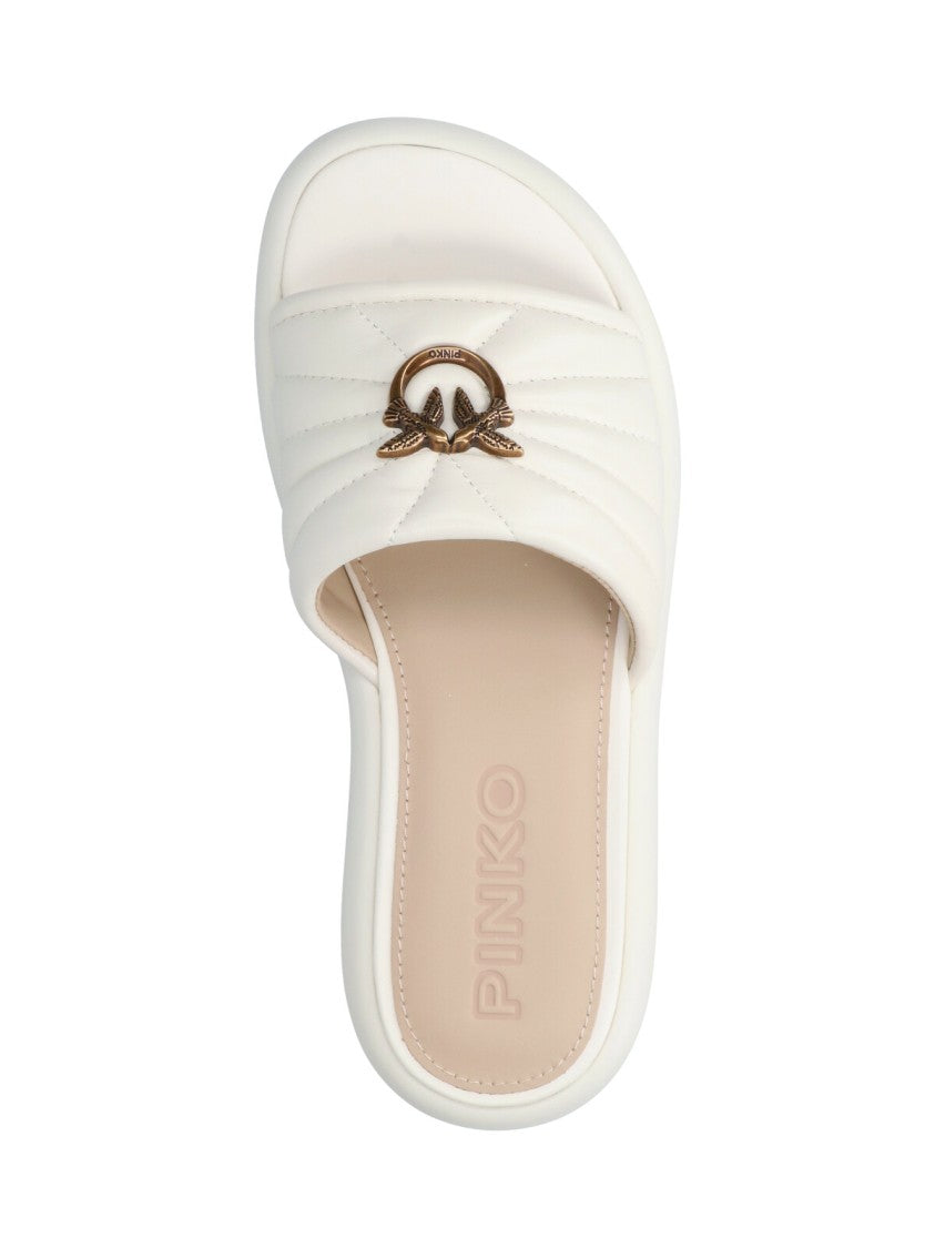 Pinko White Love Birds Quilted Leather Sandals