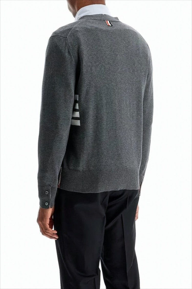 Thom Browne V-Neck Cotton Cardigan With Ribbed Cuffs And Subtle Stripes