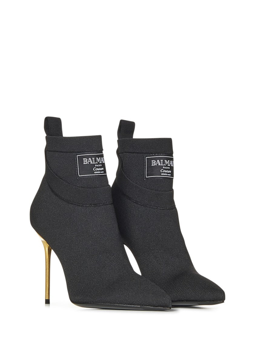 Balmain Black Stretch Knit Ankle Boots With Gold Lacquered Stiletto Heel