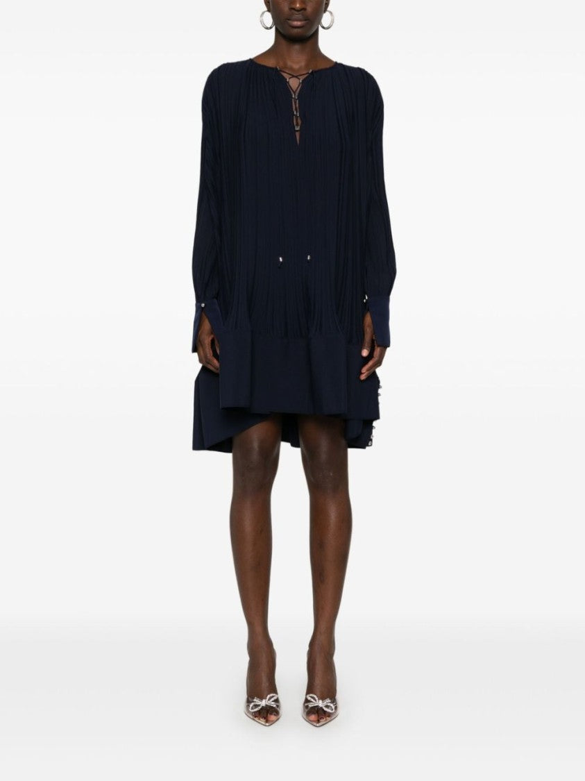 Lanvin Navy Blue Plissé Effect Dress