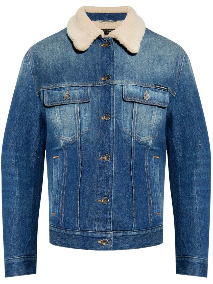 Dolce & Gabbana Faded Blue Denim Jacket With Faux Shearling Collar