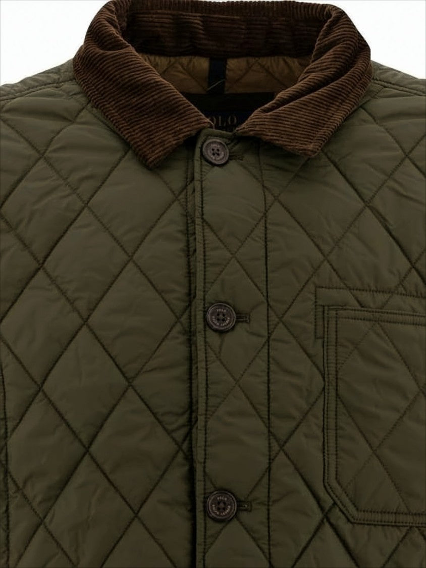 Polo Ralph Lauren Quilted Green Jacket With Corduroy Collar And Padded Warmth