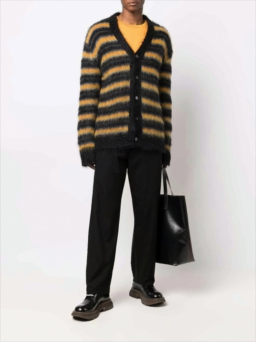 Marni Horizontal Striped Fuzzy Mohair Cardigan