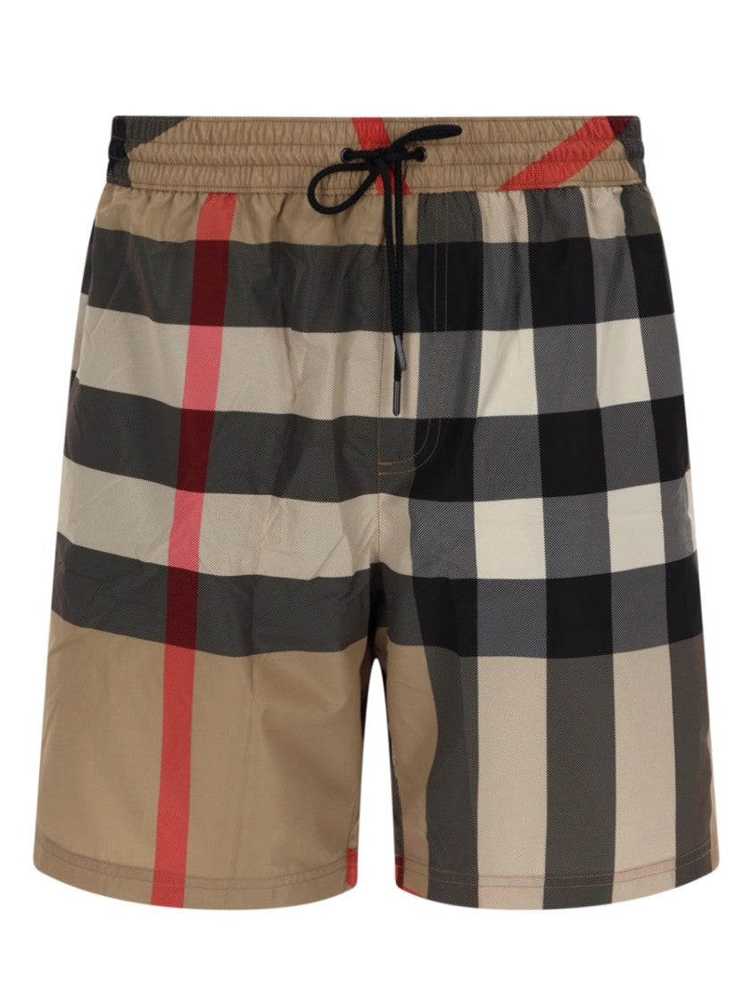 Burberry Check Pattern Elastic-Waist Swim Shorts