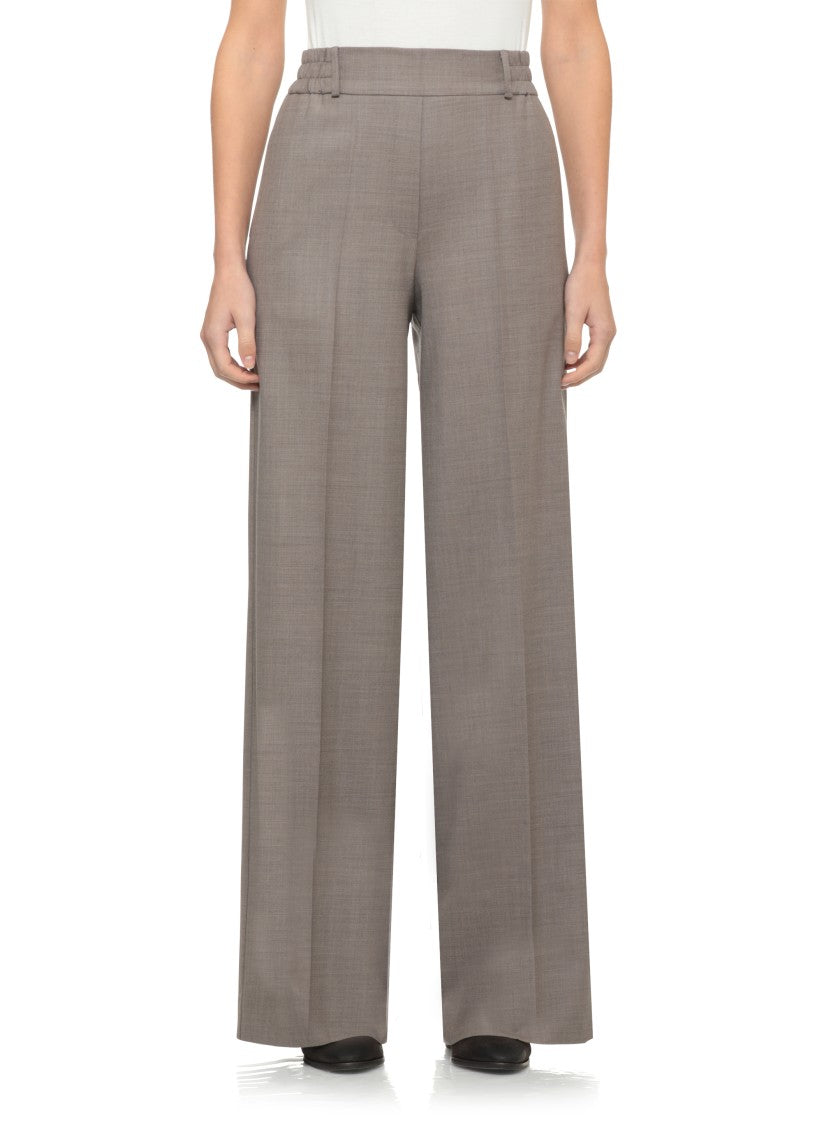 D. Exterior Beige Elastic Waist Tailored Wool Wide-Leg Pants