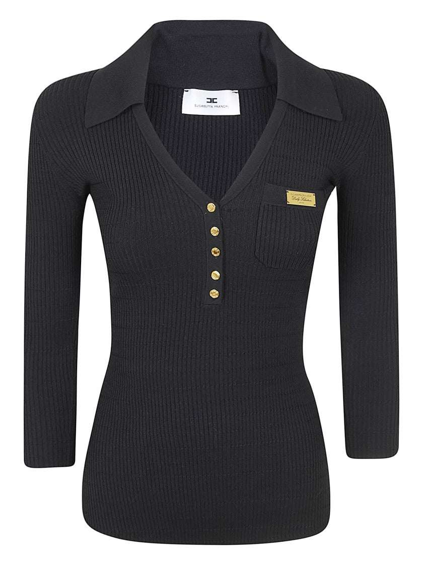 Elisabetta Franchi Fitted Ribbed Knit Sweater With Deep V-Neckline And Gold Accents