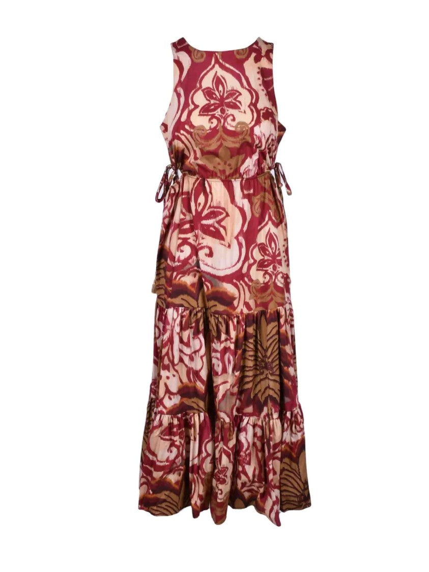 Motel Beige Bordeaux Floral Tie Cotton Maxi Dress
