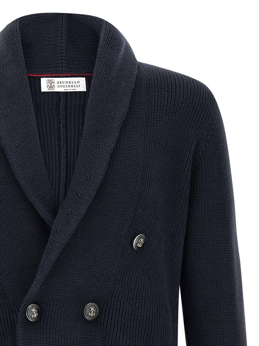 Brunello Cucinelli Half-Ribbed Blue Cardigan With Double-Breasted Design And Shawl Collar