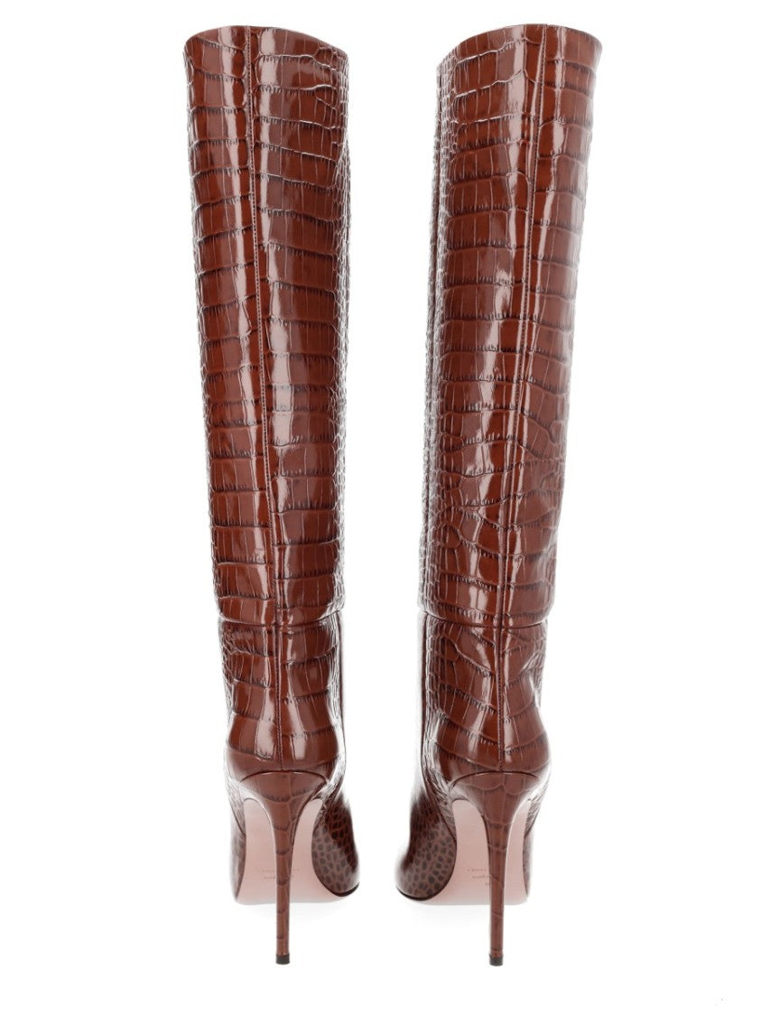Paris Texas Brown Crocodile-Embossed Calfskin Stiletto Boots