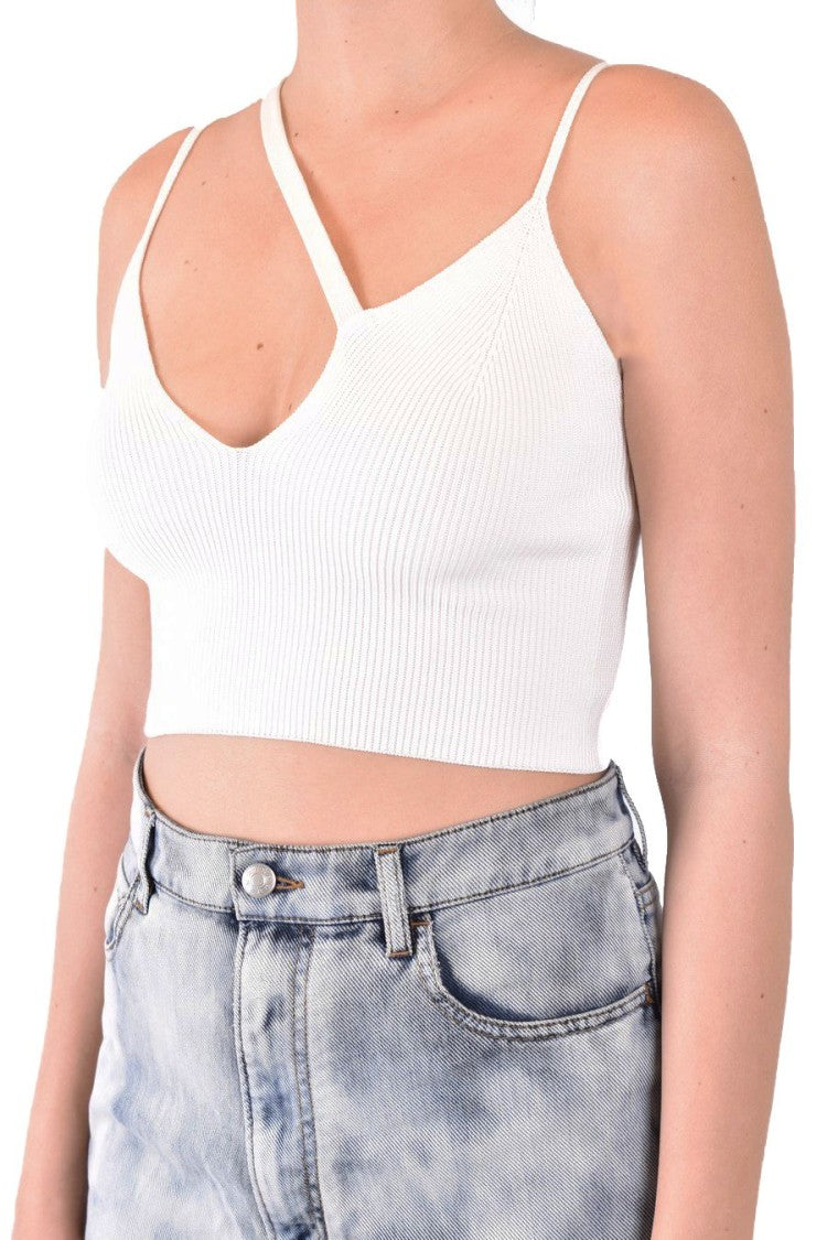 Laneus Asymmetrical Neckline Ribbed Knit Top Laneus