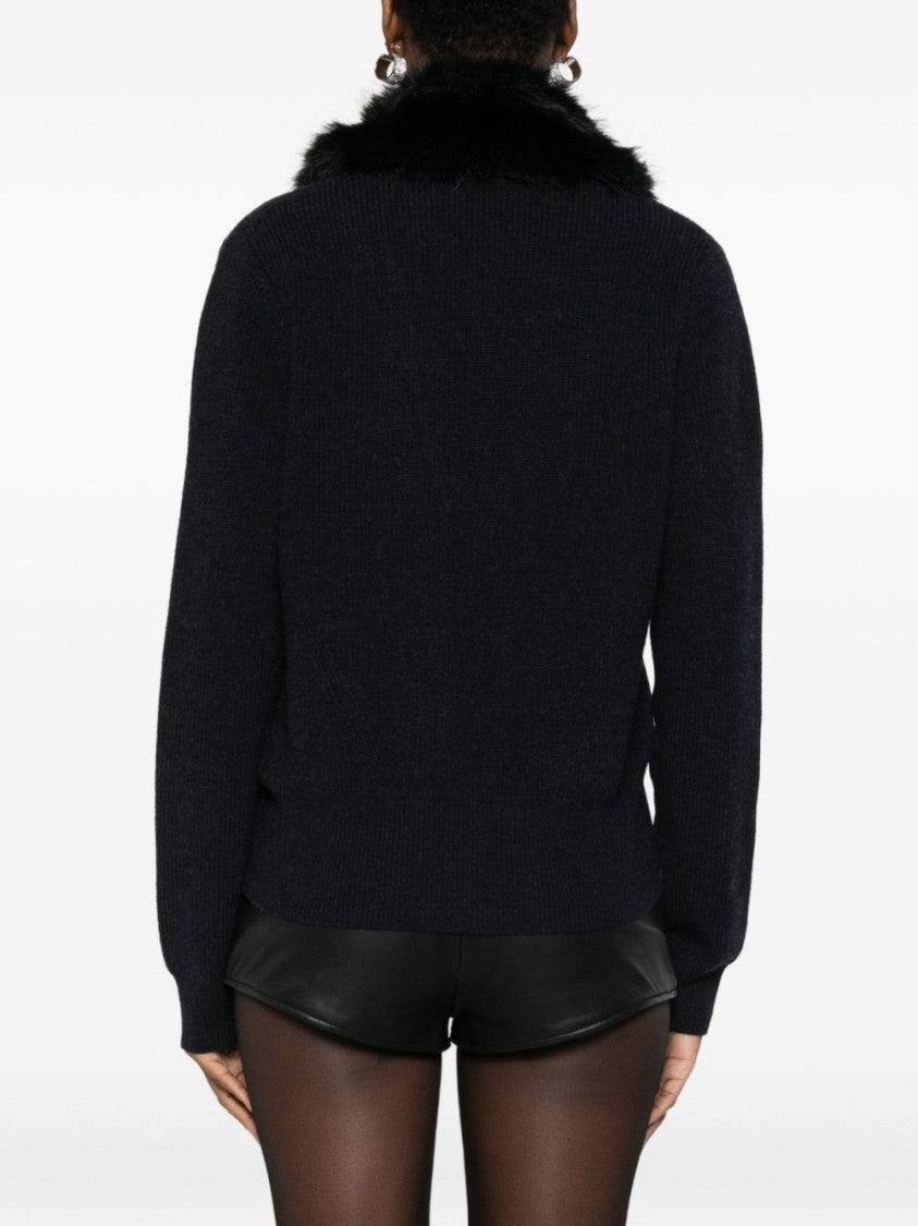Blugirl Deep V-Neck Sweater With Black Fur Collar