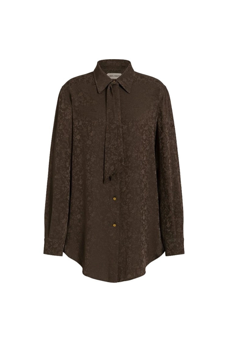 Alberta Ferretti Brown Floral Jacquard Tie-Neck Acetate-Silk Shirt