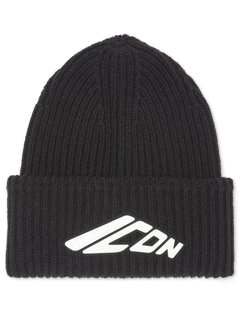 Dsquared2 Ribbed Knit Beanie Hat With Folded Cuff And Iconic Logo