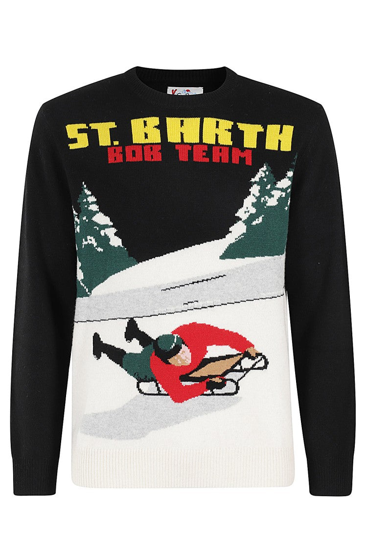 Mc2 Saint Barth Black Crewneck Sweater With Playful Bob Embroidery