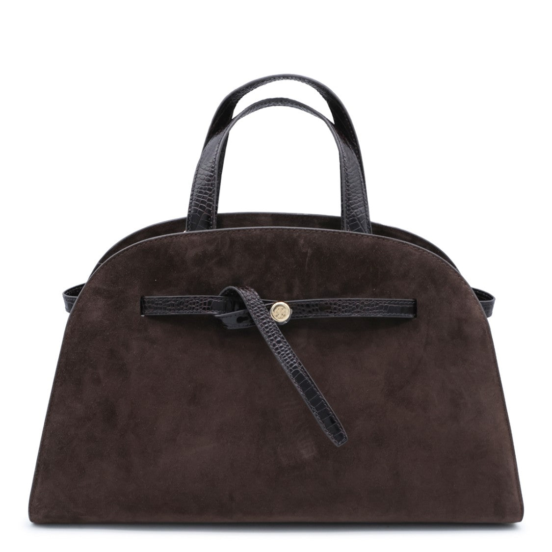 Tory Burch Dark Brown Suede Gold-Tone Structured Top Handle Bag