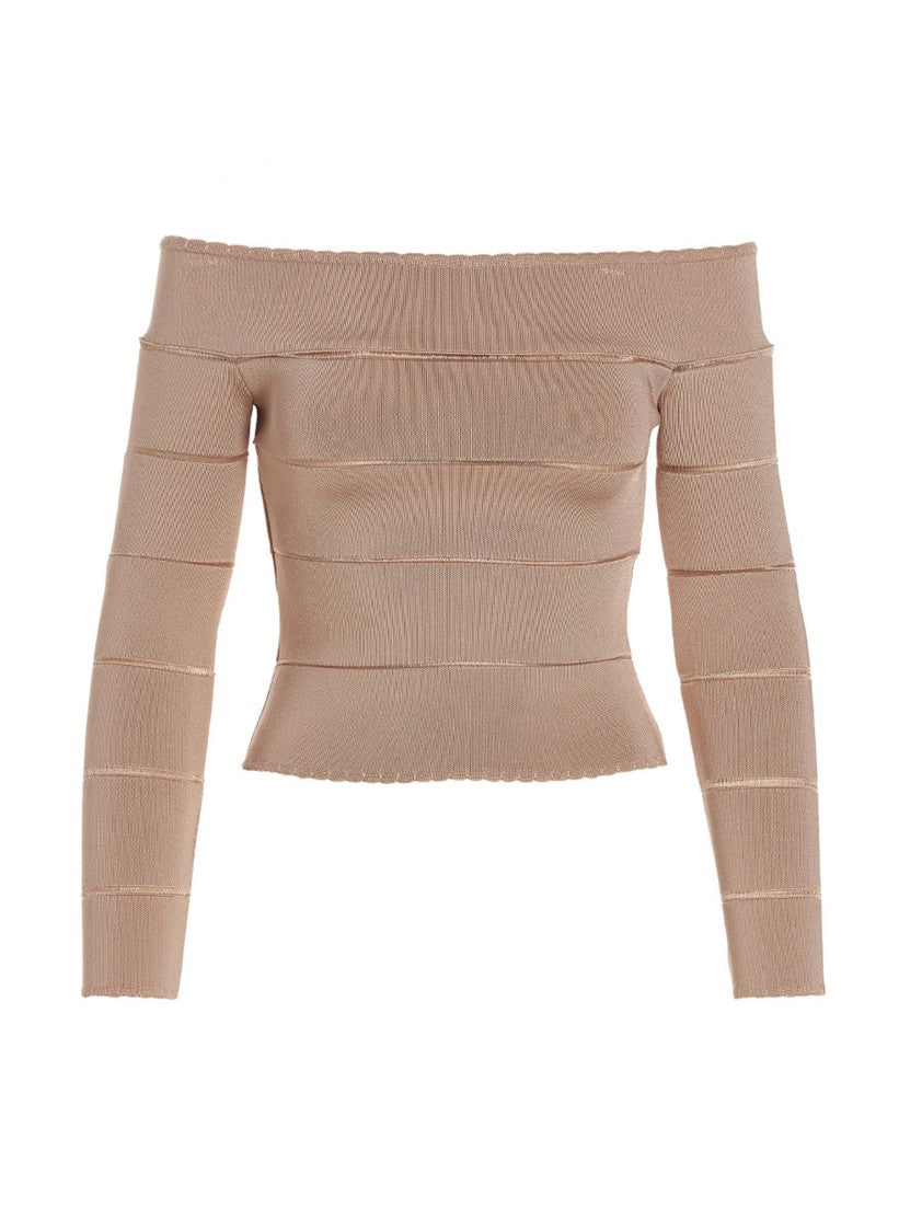 Alexandre Vauthier Fitted Off-Shoulder Viscose Knit Top With Ribbed Texture