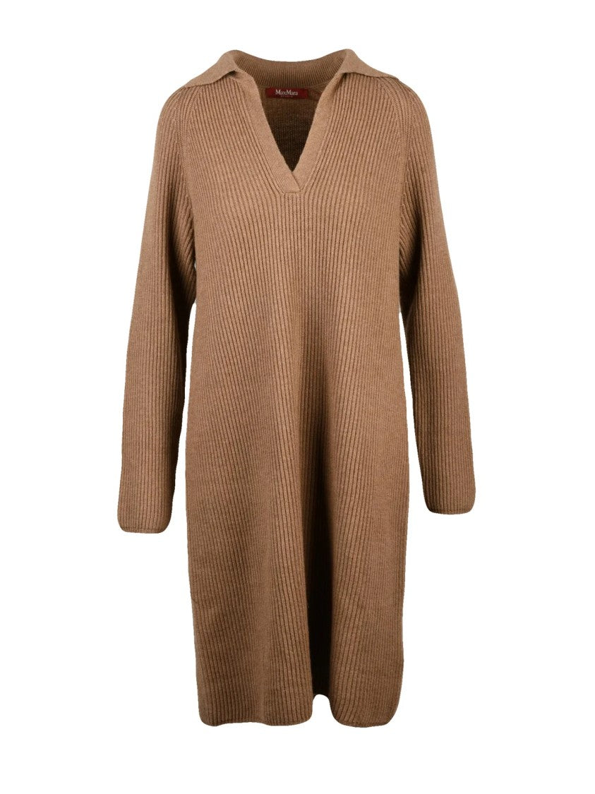 Max Mara Ribbed Knit Dress With Raglan Sleeves And V-Neckline