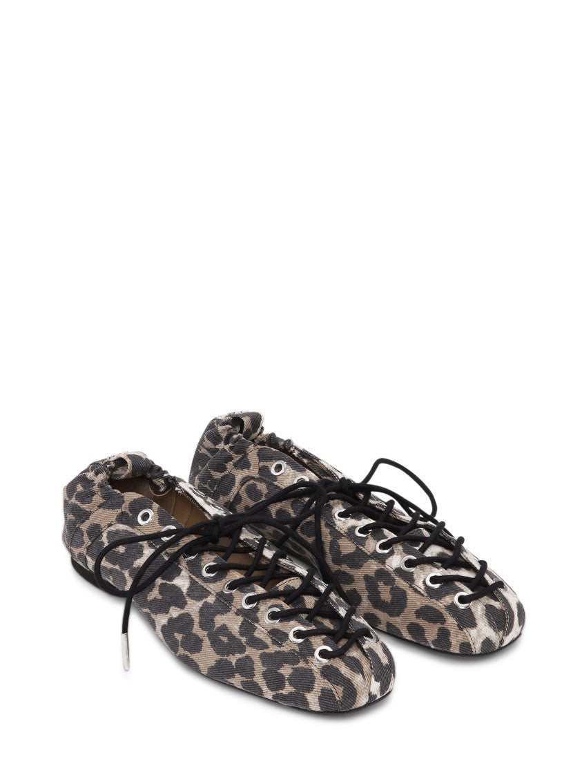 Ganni Denim Print Lace-Up Ballerina Flats With Leopard Pattern