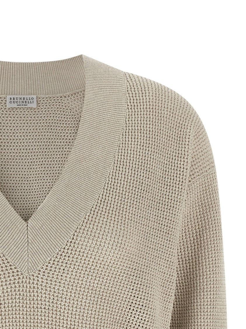 Brunello Cucinelli Openwork Knit Sweater With Lamé Highlights And V-Neck Design