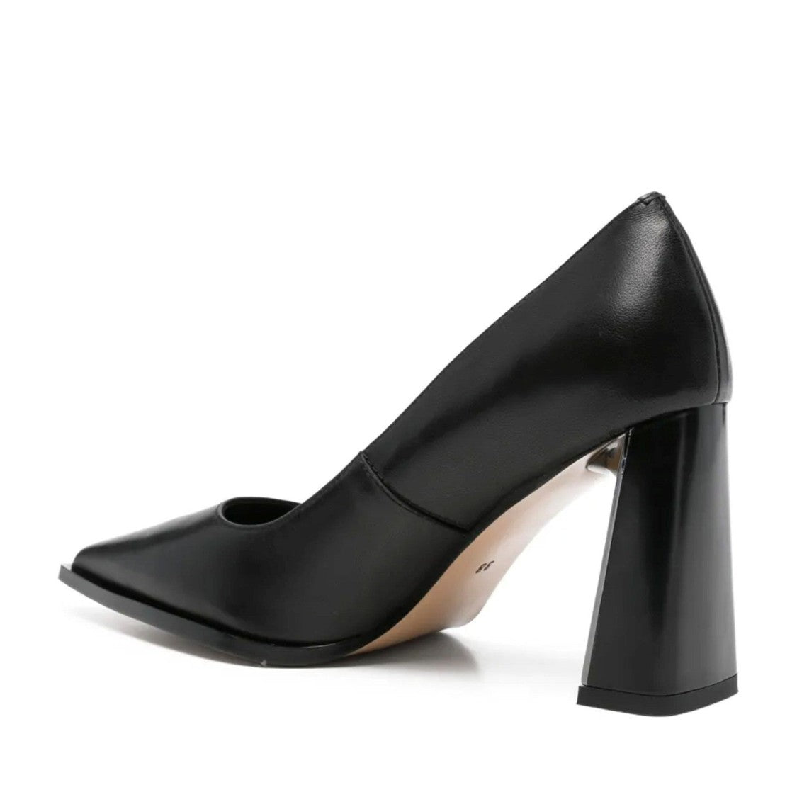 Adrianna Feretti Black Pointed Toe Metallic Block Heel Leather Pumps