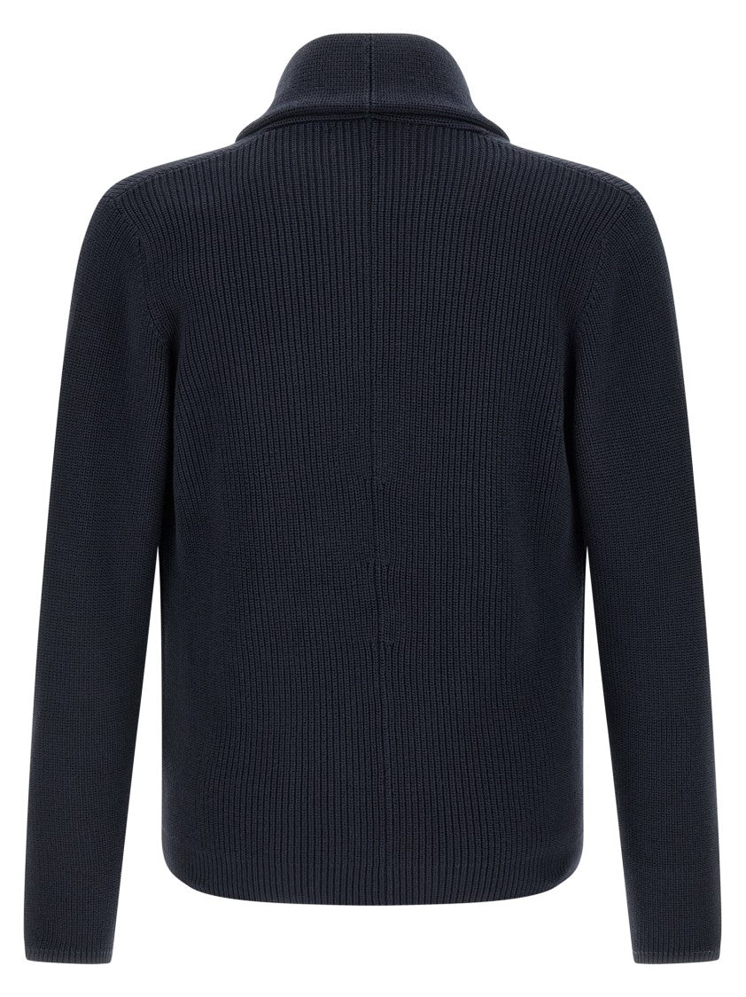 Brunello Cucinelli Half-Ribbed Blue Cardigan With Double-Breasted Design And Shawl Collar