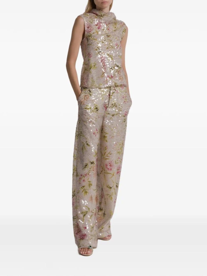 Alberta Ferretti High-Waisted Wide-Leg Pants With Floral Sequin Embellishments