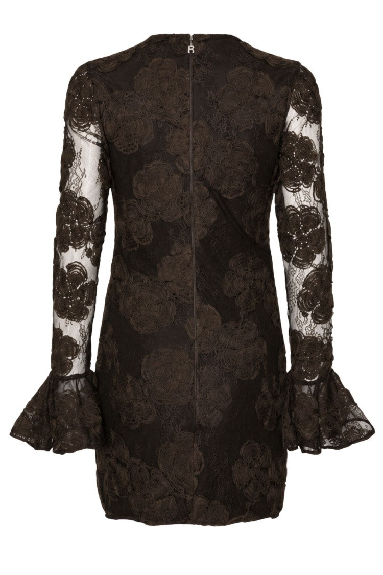 Rotate Brown 3D Floral Flared Cuffs Mini Dress