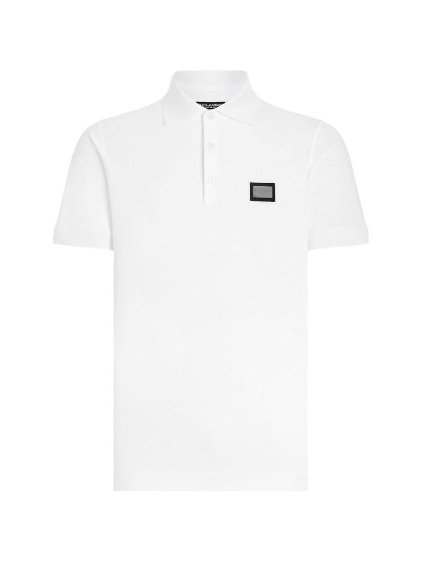 Dolce & Gabbana White Cotton Piquet Logo Plaque Polo Shirt