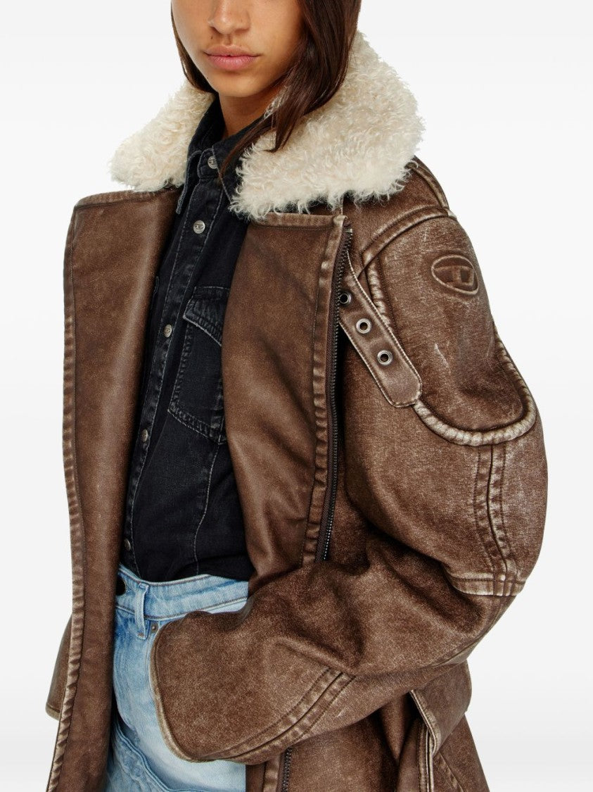 Diesel Distressed Brown Leather Coat With Plush Shearling Collar