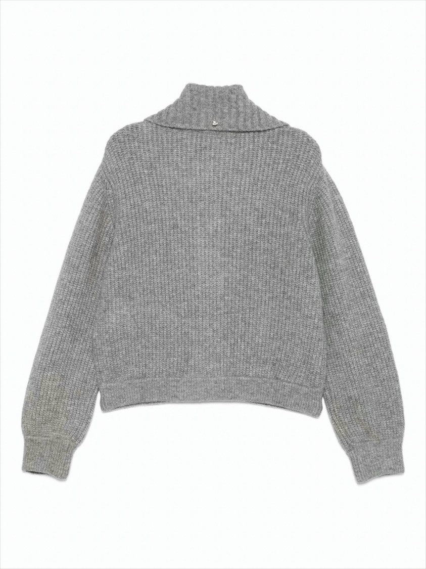 Liu Jo Cropped Grey Sweater With Wide Collar And Voluminous Sleeves
