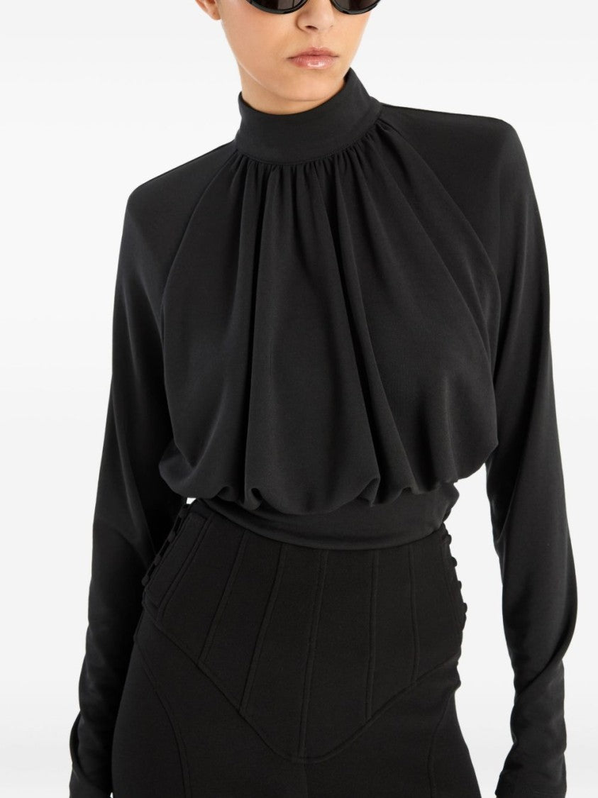 Rotate Draped Black Top With High Neckline