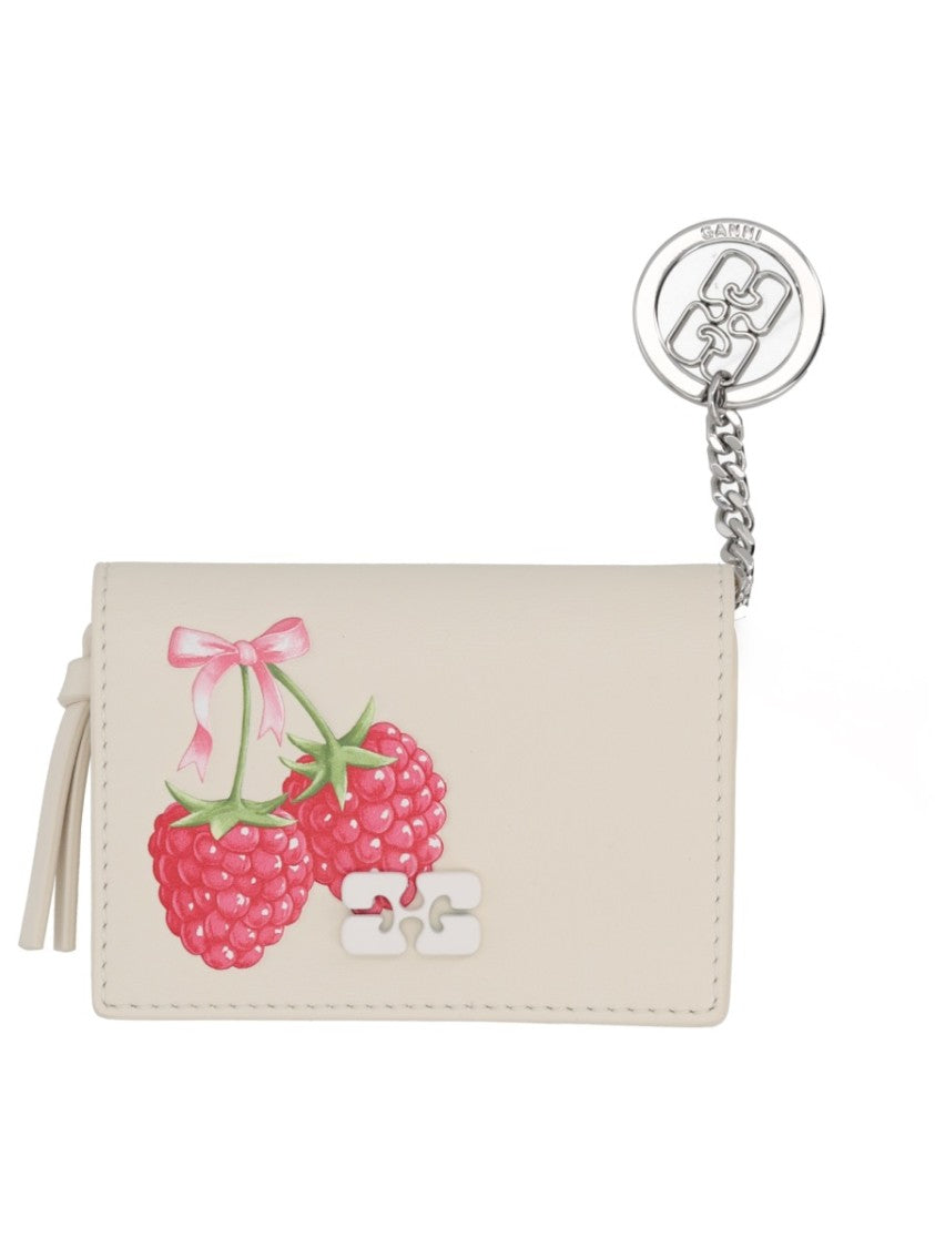 Ganni Raspberry Motif Silver Chain Card Holder Wallet