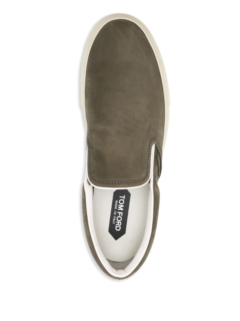 Tom Ford Olive Calf Suede Slip-On Sneakers
